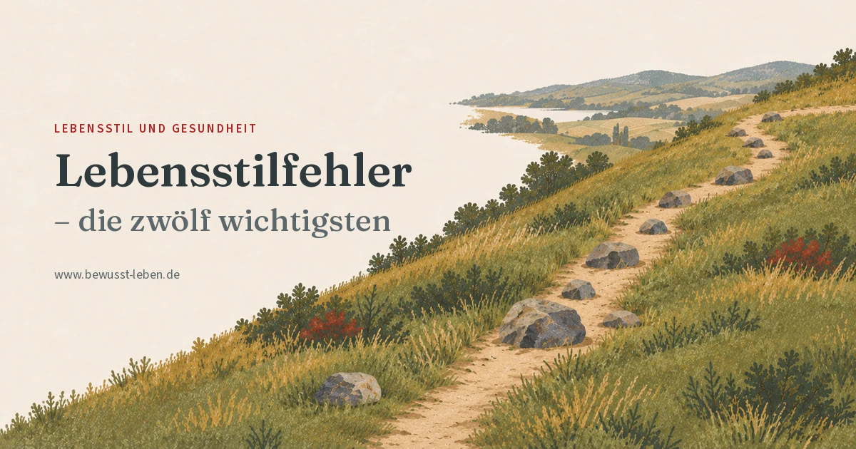 Illustration: ein grasbewachsener Hang mit Büschen über einer weiten Landschaft mit See und Hügeln. Ein schmaler Fußweg steigt von unten nach rechts oben an und biegt dann seitlich ab. Auf dem Weg liegen elf Steine unterschiedlicher Größe verstreut, einer versperrt ihn fast ganz. Ein zwölfter Stein liegt beiseitegelegt im Gras neben dem Wegbeginn. Links der Titel ‚Lebensstilfehler – die zwölf wichtigsten’.