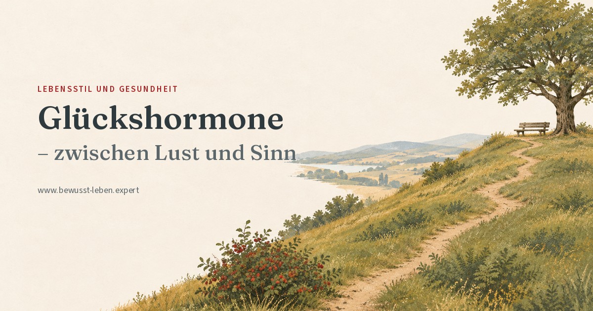 Illustration: ein grasbewachsener Hang über einer weiten Landschaft mit See und Hügeln. Unten am Beginn eines schmalen Pfades steht ein Strauch voller roter Beeren. Der Pfad windet sich den Hang hinauf zu einer Holzbank unter einem großen, alten Baum auf der Anhöhe. Links der Titel ‚Glückshormone – zwischen Lust und Sinn’.