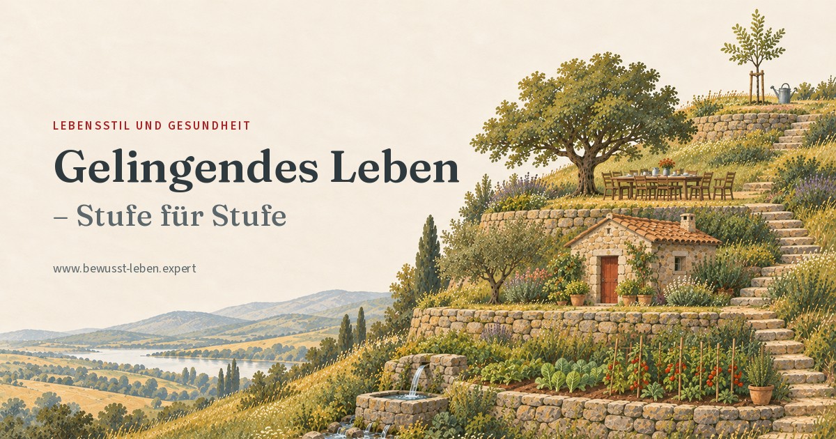 Illustration: ein Hang über einer weiten Landschaft mit See, gegliedert in vier Terrassen mit Trockenmauern, die nach oben kleiner werden. Unten eine Quelle mit Steinbecken und ein Gemüsebeet, darüber ein kleines Steinhaus mit roter Tür, darüber ein gedeckter Tisch mit Stühlen unter einem großen Baum, ganz oben ein frisch gepflanzter junger Baum mit Gießkanne. Steinstufen verbinden die Terrassen von unten nach oben. Links der Titel ‚Gelingendes Leben – Stufe für Stufe’.